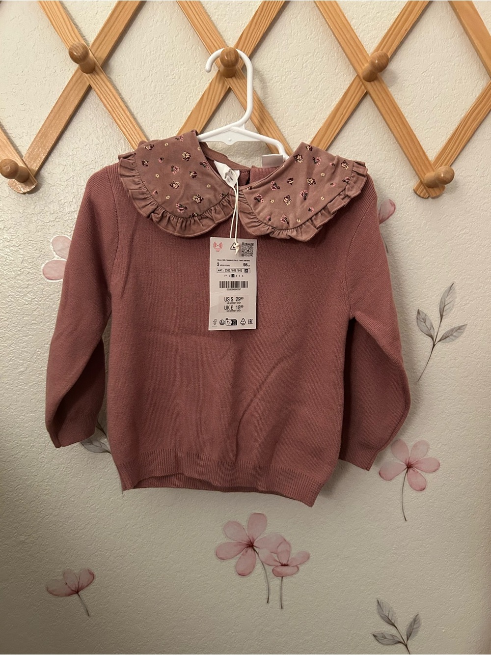 Zara Mauve Pink Knit Sweater with Embroidered Ruffle Collar